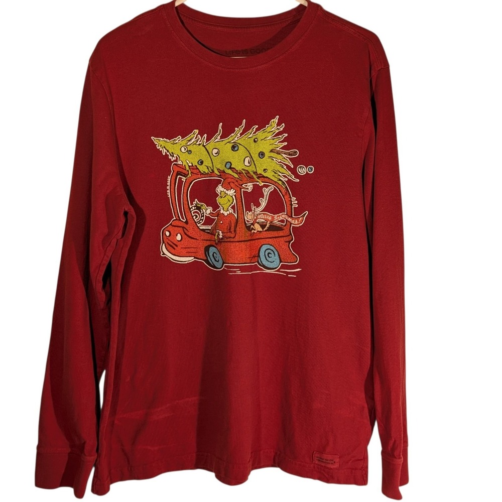 Life Is Good Tee Shirt Grinch Christmas Holiday Red Long Sleeve Mens Medium SEE